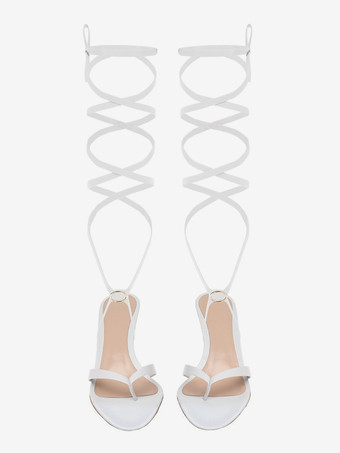 ホワイトハイヒールサンダル フリップフロップ レースアップ パーティー プロムシューズ