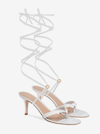 ホワイトハイヒールサンダル フリップフロップ レースアップ パーティー プロムシューズ