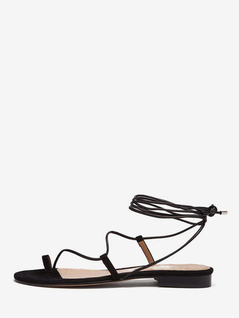 ブラック レディースフラットサンダル ブラック オープントゥ レースアップサンダル フラット