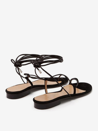 レディースフラットサンダル ブラック オープントゥ レースアップサンダル フラット