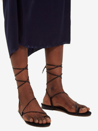 レディースフラットサンダル ブラック オープントゥ レースアップサンダル フラット