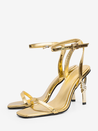 ゴールドハイヒールサンダル オープントゥデザインヒールパーティーシューズ