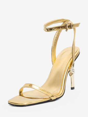 ゴールドハイヒールサンダル オープントゥデザインヒールパーティーシューズ