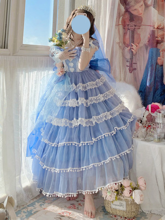 ライトスカイブルー姫ウェディング スイートロリータドレス ノースリーブ ヘッドウェア ホワイトロリータドレス カラーブロックドレス