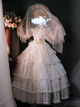 ホワイト 姫ウェディング スイートロリータドレス ノースリーブ ヘッドウェア ホワイトロリータドレス カラーブロックドレス