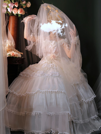 姫ウェディング スイートロリータドレス ノースリーブ ヘッドウェア ホワイトロリータドレス カラーブロックドレス