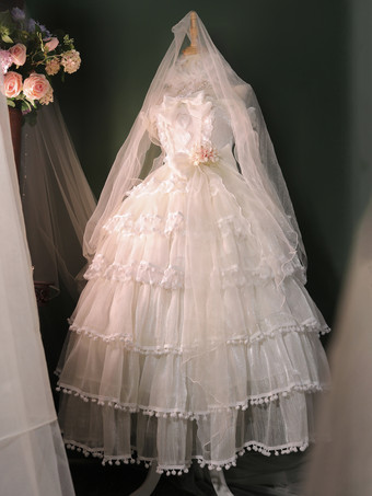 アイボリー 姫ウェディング スイートロリータドレス ノースリーブ ヘッドウェア ホワイトロリータドレス カラーブロックドレス