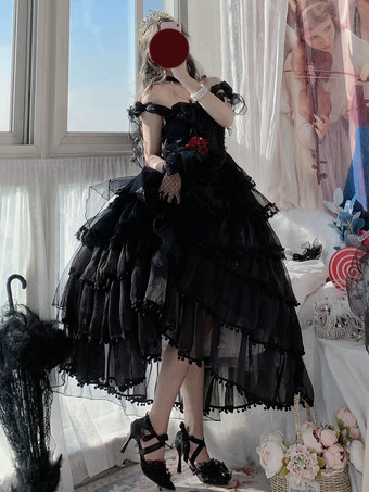 ブラック 姫ウェディング スイートロリータドレス ノースリーブ ヘッドウェア ホワイトロリータドレス カラーブロックドレス