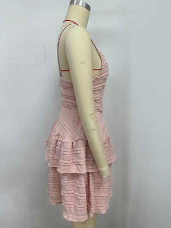 レースフリルミディ丈スリップドレス（Vネック、レイヤードスカート付き）2025