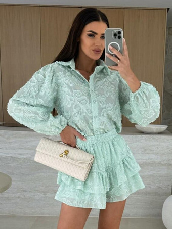 ライトグリーン ジャカードツーピースコーデセット 長袖シャツとレイヤードショーツ 2025