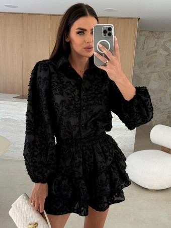 ブラック ジャカードツーピースコーデセット 長袖シャツとレイヤードショーツ 2025