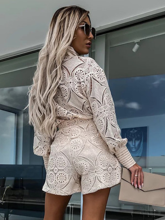 レースツーピースコーデセット 長袖シャツ＆ショートパンツ 2025