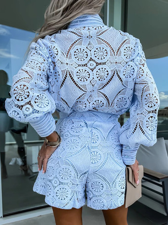 レースツーピースコーデセット 長袖シャツ＆ショートパンツ 2025