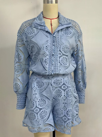 レースツーピースコーデセット 長袖シャツ＆ショートパンツ 2025