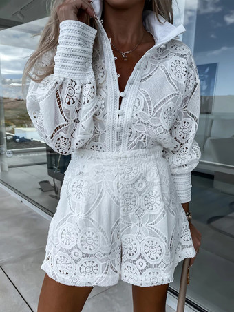 レースツーピースコーデセット 長袖シャツ＆ショートパンツ 2025
