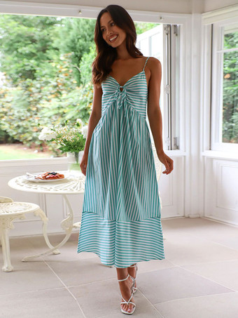 シアン2025年夏にぴったりのバターイエローのノースリーブストライプロングスリップドレス