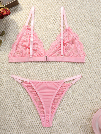 セクシーランジェリー 2ピース 花柄 透け感 ボタン ピンク ブラ ショーツ セット