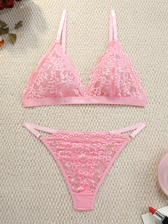 ピンク セクシーランジェリー 2ピース 花柄 透け感 ボタン ピンク ブラ ショーツ セット