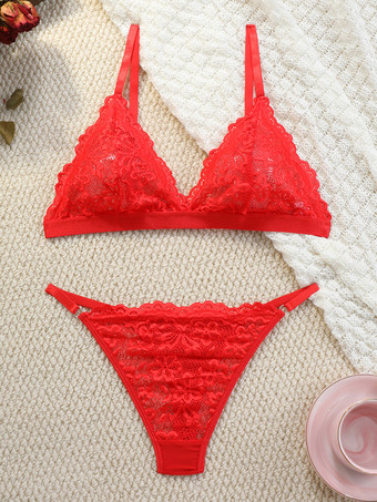 レッド セクシーランジェリー 2ピース 花柄 透け感 ボタン ピンク ブラ ショーツ セット