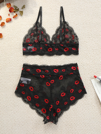 シースルーランジェリー カットアウト ツートン セクシー ブラック 2ピース ブラ＆パンティセット