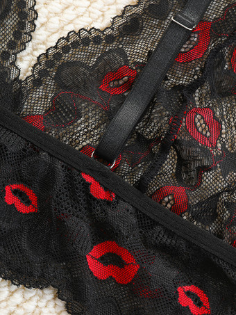 シースルーランジェリー カットアウト ツートン セクシー ブラック 2ピース ブラ＆パンティセット