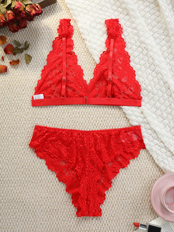 バックレスランジェリー ボタン付き 花柄 セクシー レッド 2ピース ブラ＆パンティセット