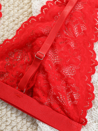 バックレスランジェリー ボタン付き 花柄 セクシー レッド 2ピース ブラ＆パンティセット