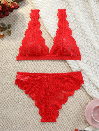 レッド バックレスランジェリー ボタン付き 花柄 セクシー レッド 2ピース ブラ＆パンティセット