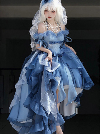 スイートロリータドレス フリル ビーム ノースリーブ スリップドレス シルク レイヤード ブルー ハイロードレス
