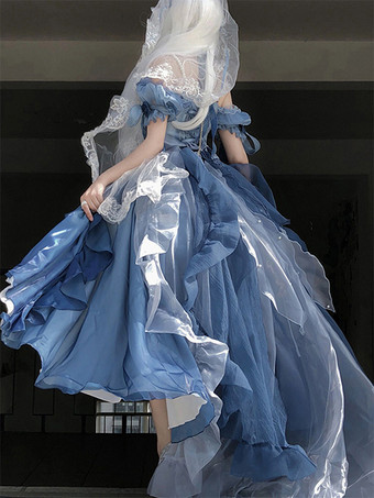 スイートロリータドレス フリル ビーム ノースリーブ スリップドレス シルク レイヤード ブルー ハイロードレス