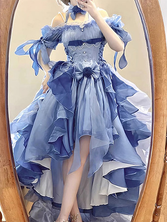 スイートロリータドレス フリル ビーム ノースリーブ スリップドレス シルク レイヤード ブルー ハイロードレス
