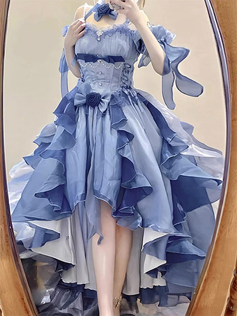 スイートロリータドレス フリル ビーム ノースリーブ スリップドレス シルク レイヤード ブルー ハイロードレス
