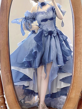 スイートロリータドレス フリル ビーム ノースリーブ スリップドレス シルク レイヤード ブルー ハイロードレス