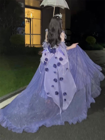 スイートロリータドレス 刺繍 蝶結び レースアップ ハイロードレス ノースリーブ パープル メッシュ スリップドレス