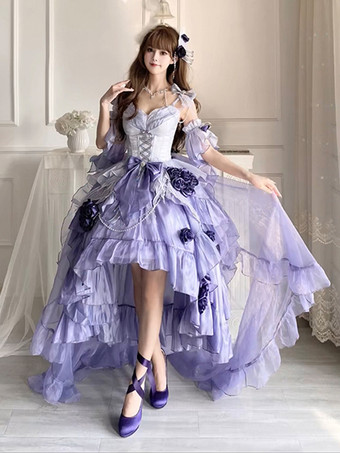 Vestido Lolita dulce para la vuelta al cole bordado lazo cordones corte alto bajo sin mangas de malla morada