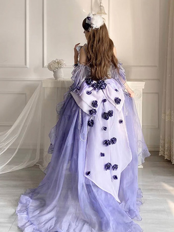 スイートロリータドレス 刺繍 蝶結び レースアップ ハイロードレス ノースリーブ パープル メッシュ スリップドレス