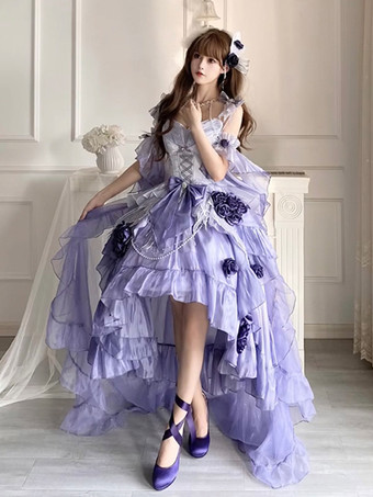 スイートロリータドレス 刺繍 蝶結び レースアップ ハイロードレス ノースリーブ パープル メッシュ スリップドレス