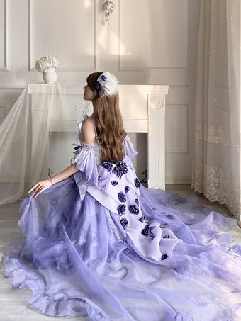 スイートロリータドレス 刺繍 蝶結び レースアップ ハイロードレス ノースリーブ パープル メッシュ スリップドレス