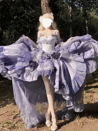 スイートロリータドレス 刺繍 蝶結び レースアップ ハイロードレス ノースリーブ パープル メッシュ スリップドレス