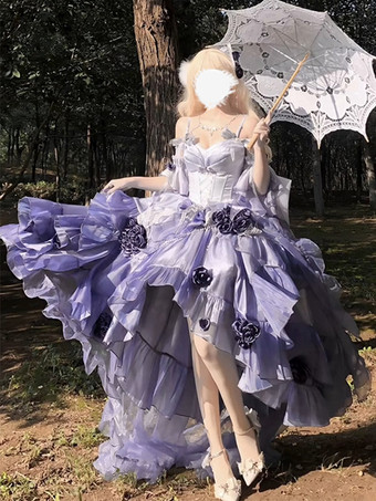 スイートロリータドレス 刺繍 蝶結び レースアップ ハイロードレス ノースリーブ パープル メッシュ スリップドレス