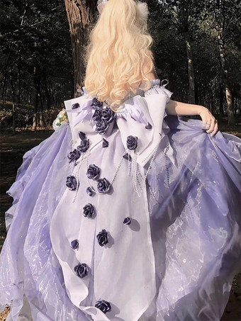 スイートロリータドレス 刺繍 蝶結び レースアップ ハイロードレス ノースリーブ パープル メッシュ スリップドレス