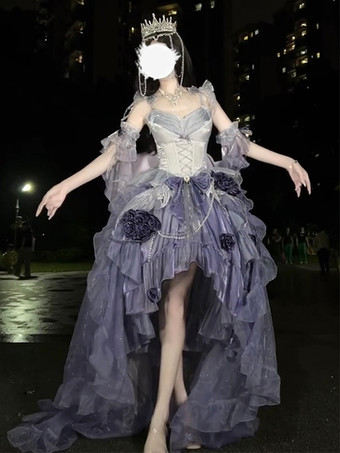 スイートロリータドレス 刺繍 蝶結び レースアップ ハイロードレス ノースリーブ パープル メッシュ スリップドレス