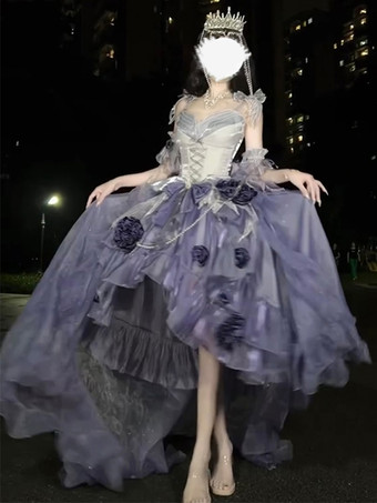 スイートロリータドレス 刺繍 蝶結び レースアップ ハイロードレス ノースリーブ パープル メッシュ スリップドレス