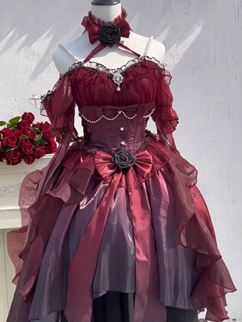 ゴシックロリータドレス 赤いロリータブライダルガウン 取り外し可能なトレーン付き 重厚なディテールのビクトリア朝プリンセスドレス