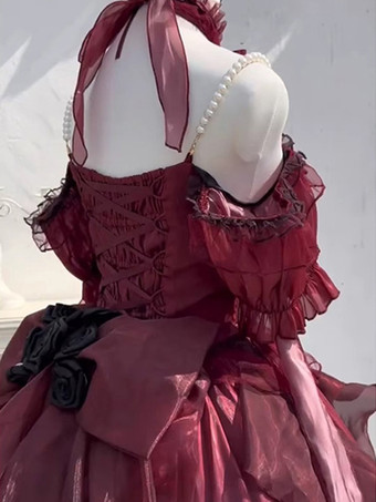 ゴシックロリータドレス 赤いロリータブライダルガウン 取り外し可能なトレーン付き 重厚なディテールのビクトリア朝プリンセスドレス