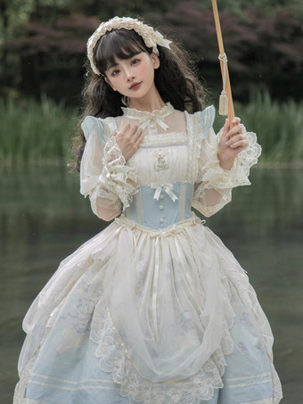 Hellschiefergrau Süßes Lolita-Kleid mit Spitzenbesatz rundem Kragen Netzstoff langen Ärmeln bedrucktem Prinzessinnenkleid