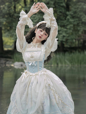 Süßes Lolita-Kleid mit Spitzenbesatz rundem Kragen Netzstoff langen Ärmeln bedrucktem Prinzessinnenkleid