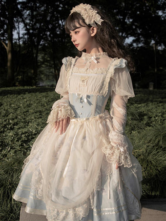 Süßes Lolita-Kleid mit Spitzenbesatz rundem Kragen Netzstoff langen Ärmeln bedrucktem Prinzessinnenkleid