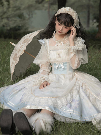 Süßes Lolita-Kleid mit Spitzenbesatz rundem Kragen Netzstoff langen Ärmeln bedrucktem Prinzessinnenkleid