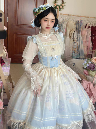 Süßes Lolita-Kleid mit Spitzenbesatz rundem Kragen Netzstoff langen Ärmeln bedrucktem Prinzessinnenkleid